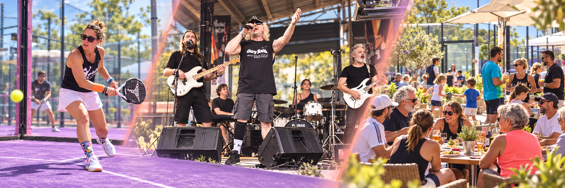 Montaje ilustrativo de Pádel Rock: juego en pista, concierto de Gery Metal y convivencia entre generaciones